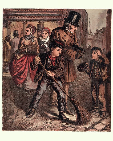 Victorian London boys begging and sweeping street, 1870
