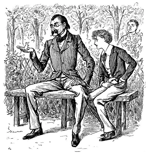 Victorian man holding a mouse while his son looks on