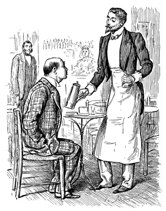 Framed Print : Victorian man ordering coffee from a waiter in a bar Framed Print : Victorian man ordering coffee from a waiter in a bar