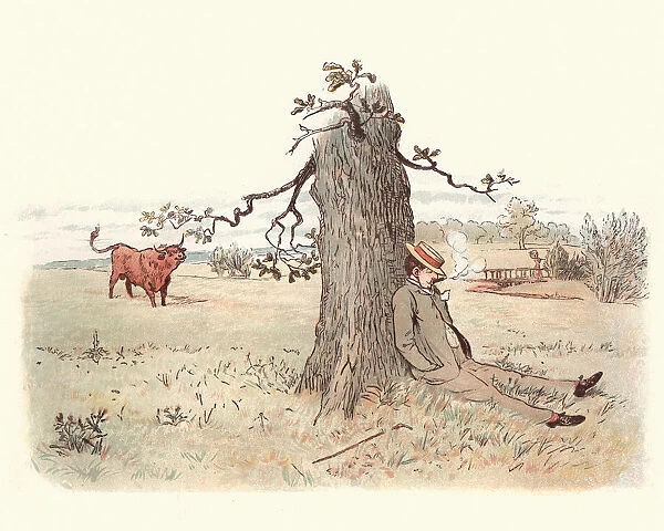 Victorian man relaxing by a tree, bull watches him