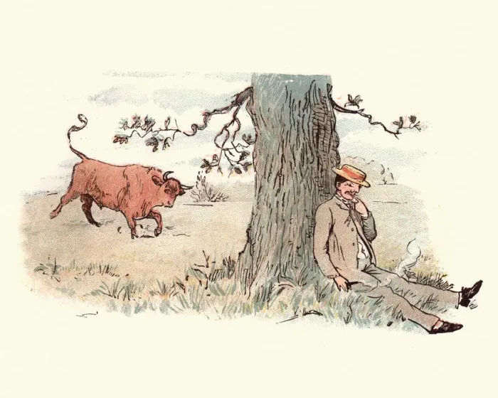 Framed Print : Victorian man relaxing by a tree, bull watches him Framed Print : Victorian man relaxing by a tree, bull watches him
