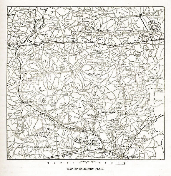 Victorian Map of The Salisbury Plain of England Engraving