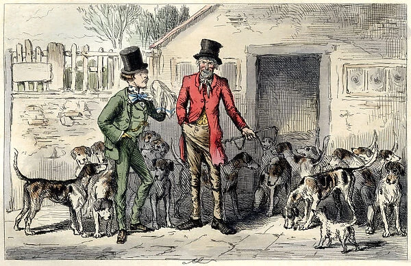 Two Victorian men with a pack of foxhounds