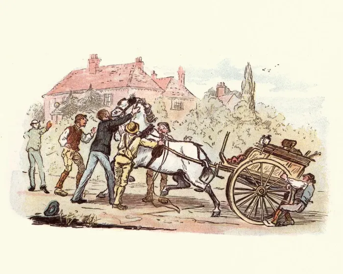 Framed Print : Victorian men struggling to control a horse and cart