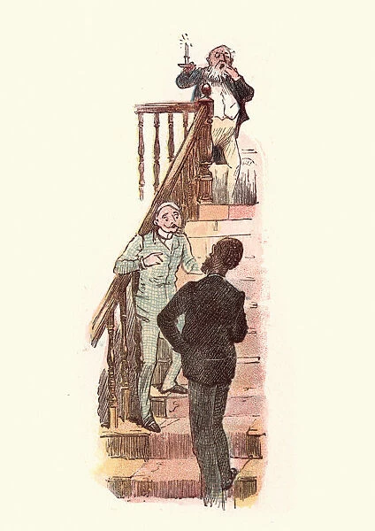 Victorian men talking on a staircase
