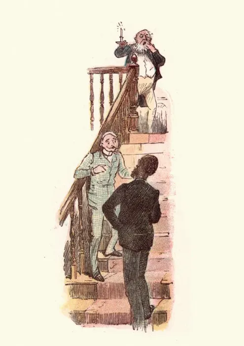 Framed Print : Victorian men talking on a staircase Framed Print : Victorian men talking on a staircase