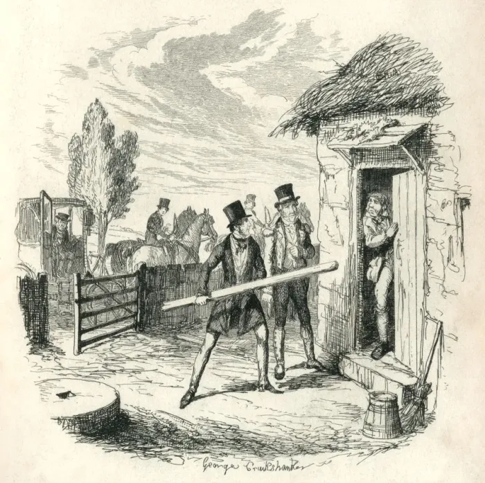 Framed Print : Two Victorian men trying to force entry to a cottage Framed Print : Two Victorian men trying to force entry to a cottage