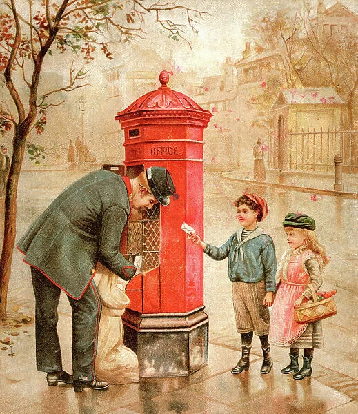 Victorian Postman and Children Posting a Letter 1895