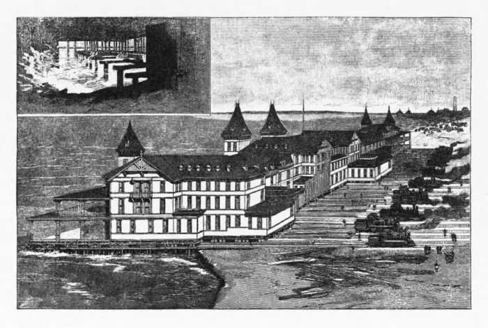 Framed Print : Victorian Seaside Hotel Moved Due to Beach Erosion, 1873 Framed Print : Victorian Seaside Hotel Moved Due to Beach Erosion, 1873