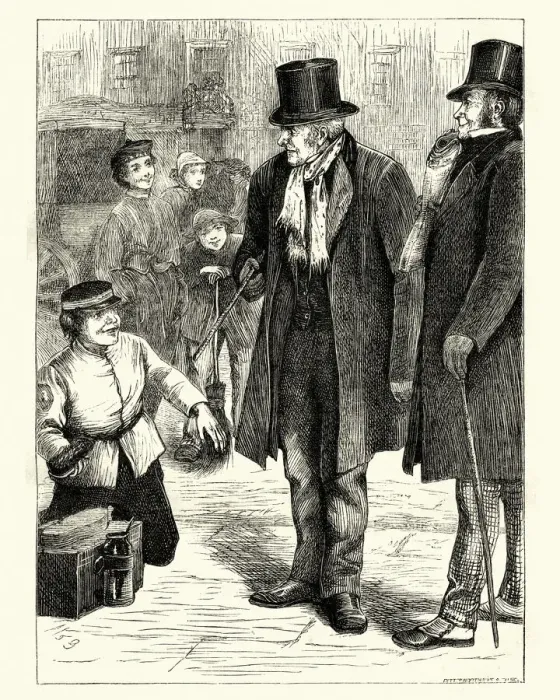 Framed Print : Victorian shoeshine boy offering to polish a mans shoes, 1870 Framed Print : Victorian shoeshine boy offering to polish a mans shoes, 1870