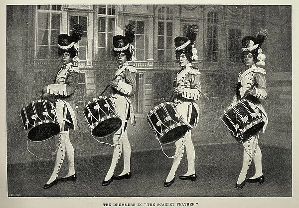 Victorian showgirls dressed as soldier drummers in the play the Scarlet Feather, 1890s, History theatre, 19th Century