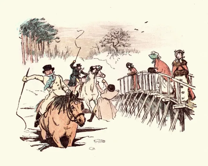 Framed Print : Victorian travellers trying to cross a frozen river Framed Print : Victorian travellers trying to cross a frozen river