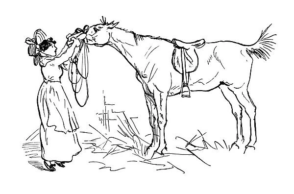 Victorian woman tending to a horse