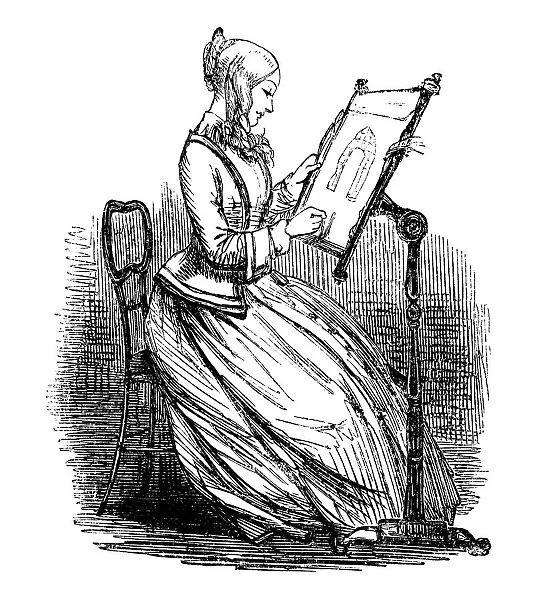 Victorian woman working at an embroidery frame