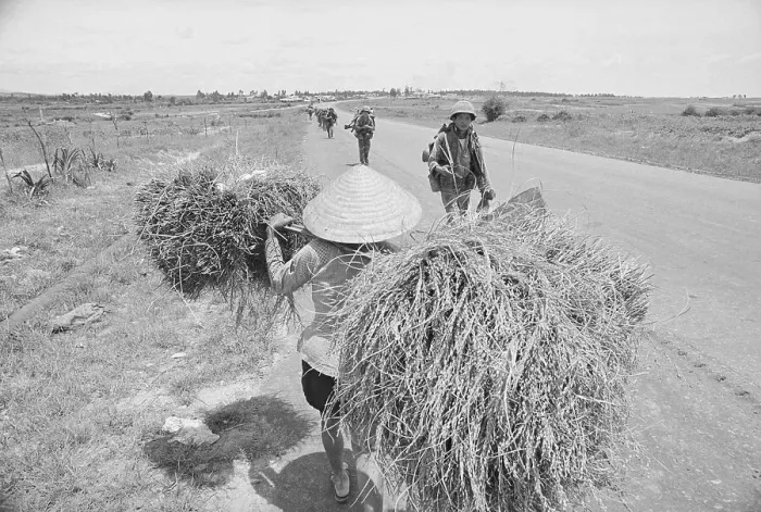 Framed Print : Vietnamese Woman Passing Soldiers Framed Print : Vietnamese Woman Passing Soldiers