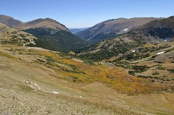 View from the Alpine Visitor Center at Old Fall River Valley with Mount Capin, left, and Sundance Mountain, right, Trail Ridge Road, Rocky Mountain National Park, Colorado, USA