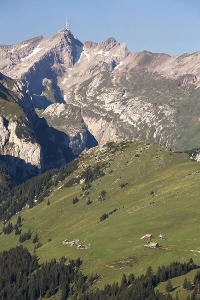 View of the Alpstein mountain group with Saentis mountain and Alpsiegel mountain as seen from Hoher Kasten mountain, Alpstein, Switzerland, Europe