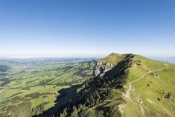 View of the Appenzellerland region as seen from Hoher Kasten mountain, 1794m, Kamor mountain, 1751m, on the right, canton of Appenzell Inner-Rhodes, Switzerland, Europe