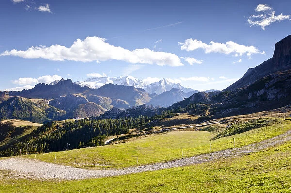 View while ascending the Boeseekofel climbing route in Corvara, looking towards Marmolada Mountain, Dolomites, Alto Adige, Italy, Europe