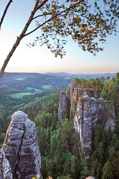 View from the Bastei rock formation in the morning light, Saxon Switzerland National Park, Saxon Switzerland region, Saxony, Germany