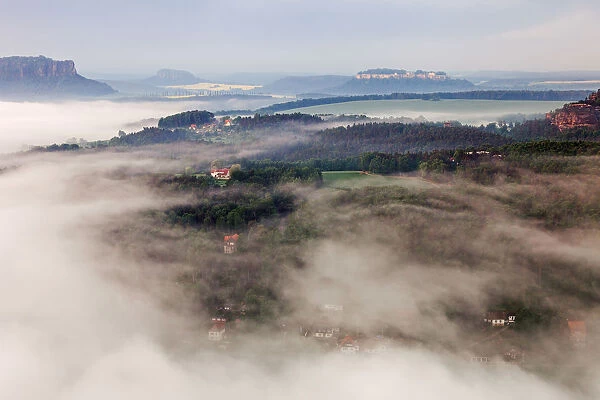 View from the Bastei rock formation, morning mist, Saxon Switzerland National Park, Saxon Switzerland region, Saxony, Germany
