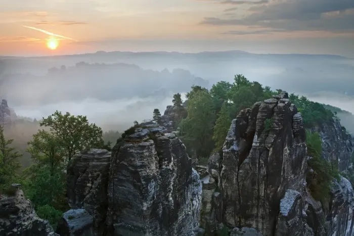 Framed Print : View from the Bastei rock formation, sunrise, fog, Saxon Switzerland National Park, Saxon Switzerland region, Saxony, Germany Framed Print : View from the Bastei rock formation, sunrise, fog, Saxon Switzerland National Park, Saxon Switzerland region, Saxony, Germany