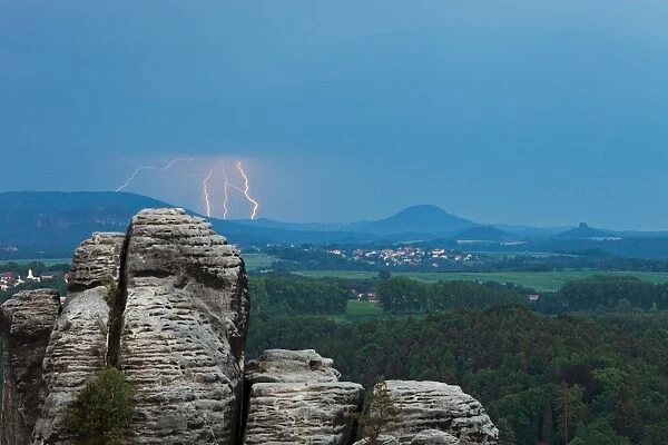 View from the Bastei rock formation, thunderstorm, Saxon Switzerland National Park, Saxon Switzerland region, Saxony, Germany
