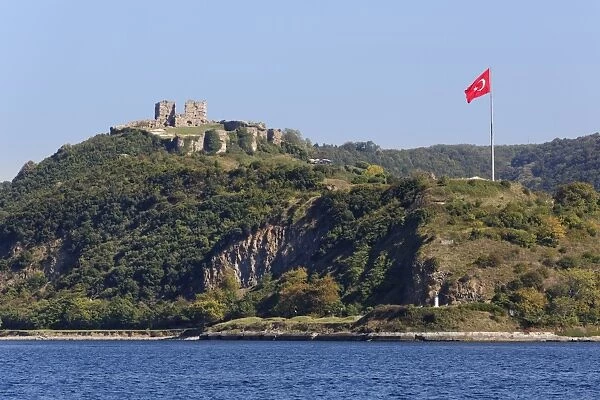 View from the Bosphorus towards the Genoese Castle or Yoros Kalesi, Bosporus, Anadolu Kavagi, Istanbul, Asian side, Istanbul Province, Turkey