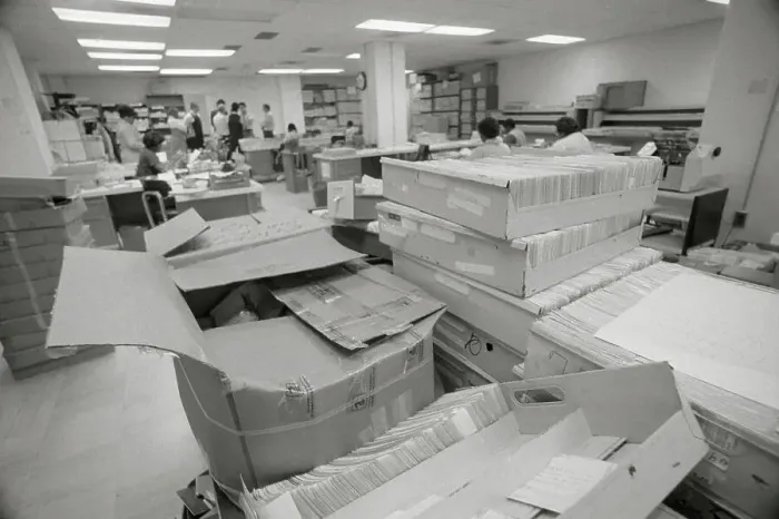 Framed Print : View of Boxes with Forms Waiting for Processing Framed Print : View of Boxes with Forms Waiting for Processing