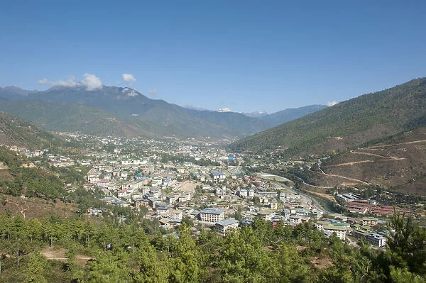 View from above to the capital of Thimphu, the Himalayas, Kingdom of Bhutan, South Asia, Asia