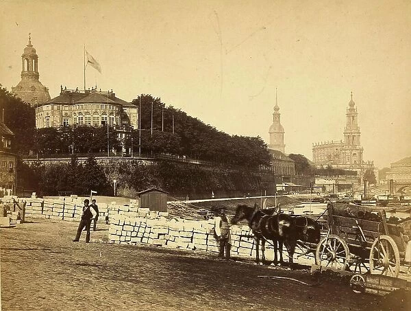 View of the Church of Our Lady and Stadtkirche in Dresden in 1860, Saxony, Germany, Historical, digitally restored reproduction from an 18th or 19th century original