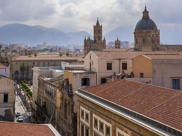 View from the church SS Salvatore across the historic centre, the Cathedral of Palermo at the back, Palermo, Sicily, Italy