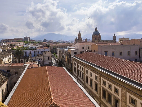 View from the church SS Salvatore across the historic centre, the Cathedral of Palermo at the back, Palermo, Sicily, Italy