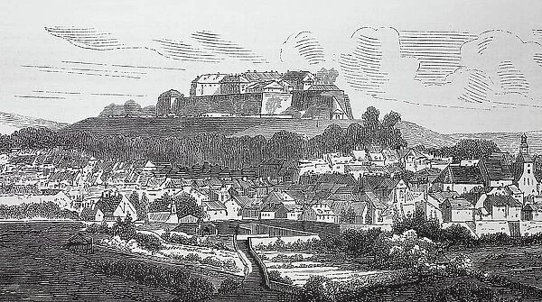 View of the citadel of Bitsch and the town of Bitche in the Lorraine region circa 1870, France, Historic, digitally restored reproduction of a 19th century original, exact original date unknown