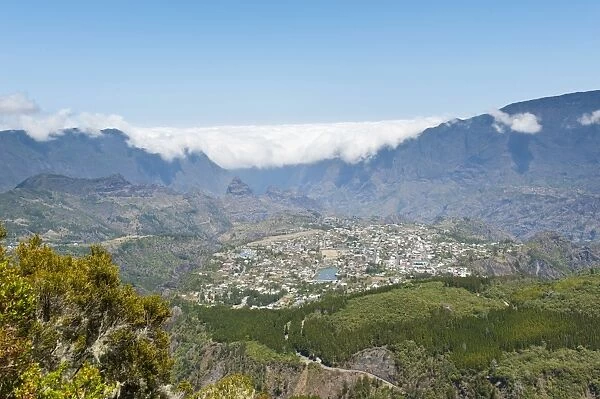 View over the city and the For?t du Grand Matarum forest, Cirque de Cilaos, Cilaos, La Reunion, Reunion, France