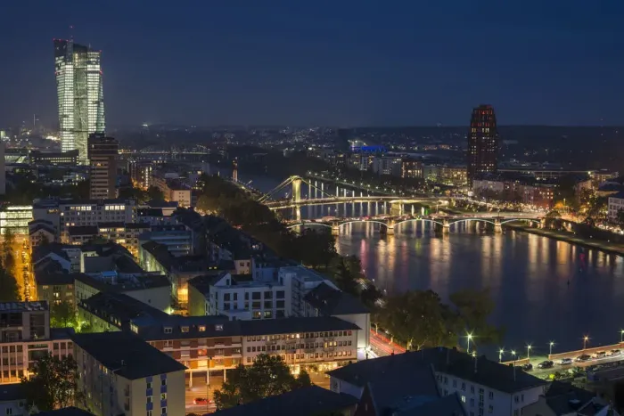 Framed Print : View of the city and the Main river from the top of the cathedral, of the new illuminated skyscraper of the European Central Bank, Flosserbrucke bridge and Ignatz Bubis Brucke bridge, at dusk, blue hour, city centre, Frankfurt am Main, Hesse, Germany Framed Print : View of the city and the Main river from the top of the cathedral, of the new illuminated skyscraper of the European Central Bank, Flosserbrucke bridge and Ignatz Bubis Brucke bridge, at dusk, blue hour, city centre, Frankfurt am Main, Hesse, Germany