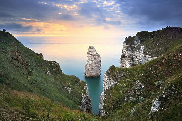 View on the cliffs d Aval at sunset, Etretat, Normandy, France