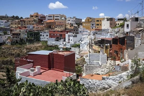 View of the colourful houses of La Atalaya, Gran Canaria, Canary Islands, Spain