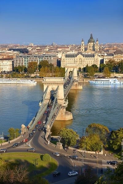 View across the Danube to Pest from the Buda Castle Hill, with the Szechenyi lanchid, or Szechenyi Chain Bridge, Budapest, Hungary