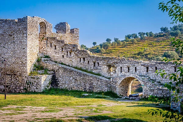 View of a the defensive stone wall in the fortified city of Berat, Albania, Unesco World Heritage Site