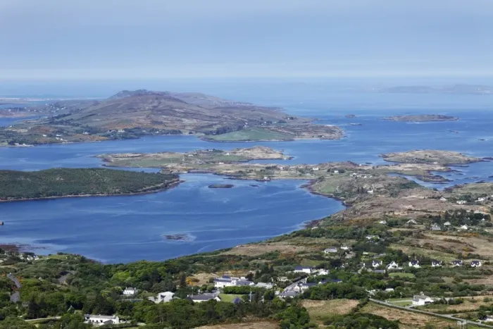 Framed Print : View from Diamond Hill over Letterfrack and Ballynakill Harbour, Connemara National Park, County Galway, Republic of Ireland, Europe Framed Print : View from Diamond Hill over Letterfrack and Ballynakill Harbour, Connemara National Park, County Galway, Republic of Ireland, Europe