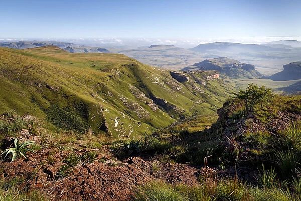 A view over the Drakensberg mountain range from an elevated point. Golden Gate National Park, Drakensberg mountains, Kwazulu Natal Province, South Africa