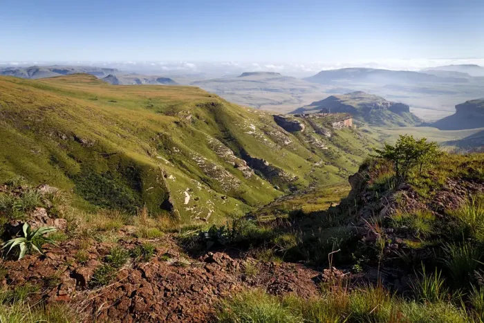 Framed Print : A view over the Drakensberg mountain range from an elevated point. Golden Gate National Park, Drakensberg mountains, Kwazulu Natal Province, South Africa