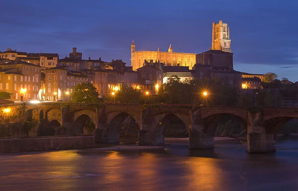 Albi. View at dusk of the medieval French town of Albi.Here we can see the bridge