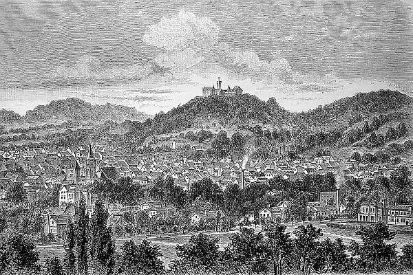 View of Eisenach and Wartburg Castle, Thuringia, Germany, in 1881, Historic, digitally restored reproduction of an original 19th-century original