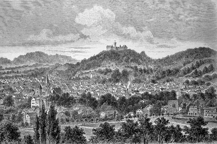 Framed Print : View of Eisenach and Wartburg Castle, Thuringia, Germany, in 1881, Historic, digitally restored reproduction of an original 19th-century original Framed Print : View of Eisenach and Wartburg Castle, Thuringia, Germany, in 1881, Historic, digitally restored reproduction of an original 19th-century original