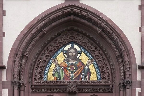 Detail view of the entrance portal, Herz Jesu Kirche church, historism, consecrated in 1887, Freiburg, Baden-Wurttemberg, Germany