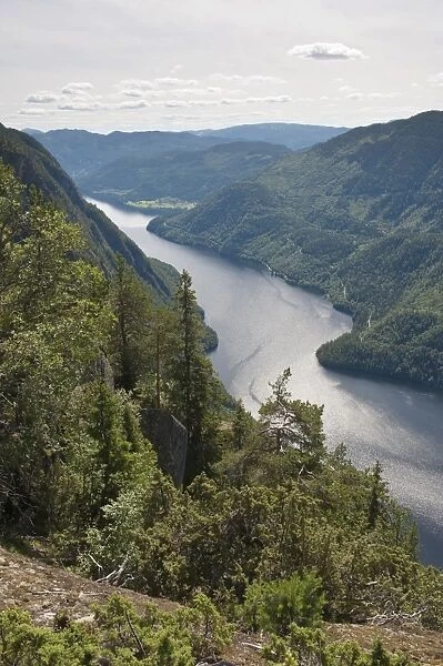 View from above to fjord-like Lake Bandak, Lardalstigen at Dalen, Lardalstigen, Telemark, Norway, Scandinavia, Northern Europe, Europe