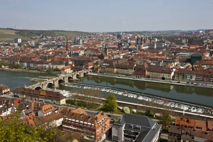 Framed Print : View from Fortress Marienberg over Wuerzburg, Main River, Old Main Bridge, Wuerzburg, Franconia, Bavaria, Germany, Europe