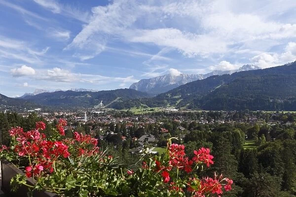 View of Garmisch-Partenkirchen as seen from Kriegergedaechtniskapelle memorial chapel, Werdenfelser Land region, Upper Bavaria, Bavaria, Germany, Europe